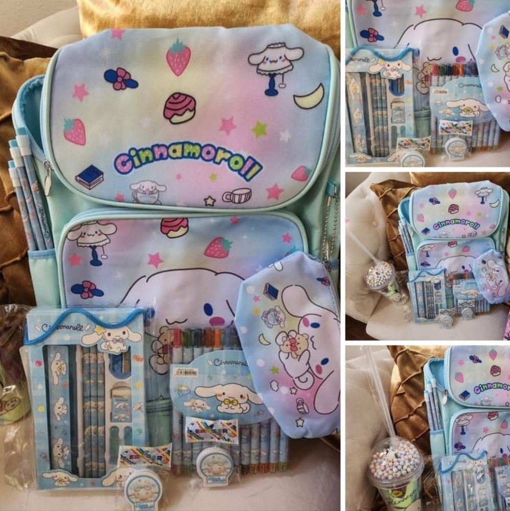(Brand new!) Cinnamoroll backpack with Pachacco cup & straw, pencils, and pouch